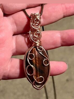 Handcrafted Copper Wire Wrapped Red Tiger Eye Pendant Necklace - Brown/Red